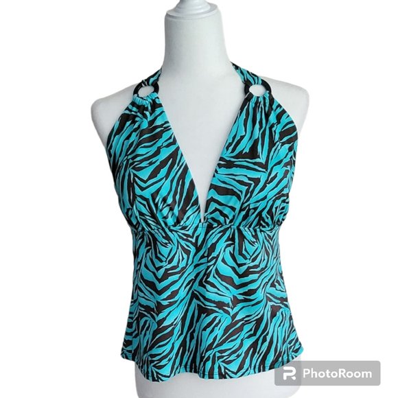 Caribbean Joe Halter Tankini Top Slim Shaper Y2K Retro Animal Print Sz 16 - Picture 1 of 10